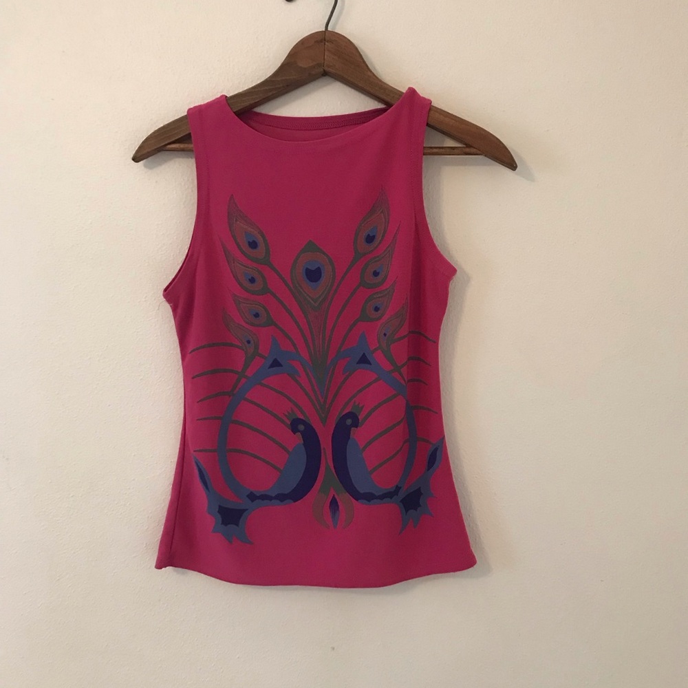 Pink Sleeveless Top with Peacock Design